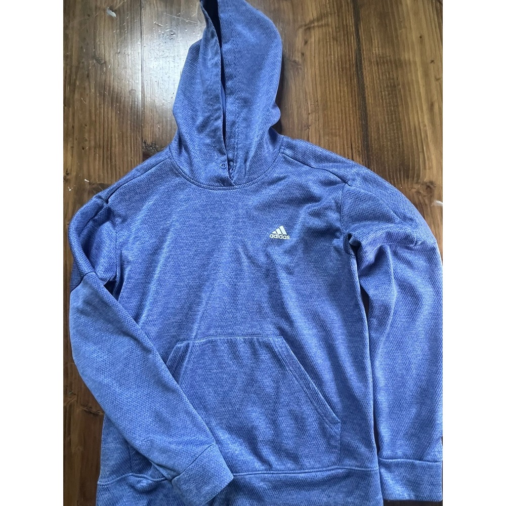 Adidas Climawarm Blue Heathered Pullover Hoodie Mens‎ Medium Button Neck Logo